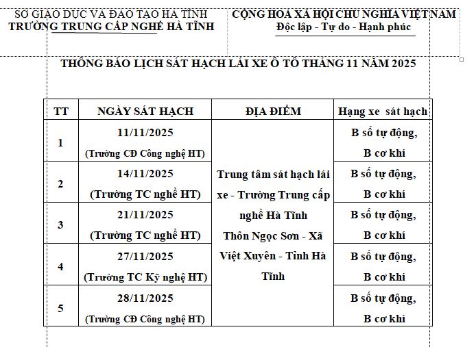 LỊCH THI SÁT HẠCH LÁI XE Ô TÔ - THÁNG 11/2025